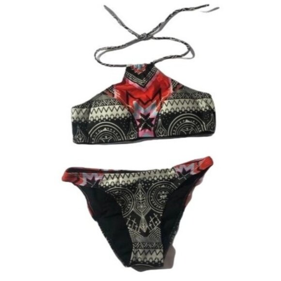 2 piece swimsuit bikini graphic black neck psychedelic pattern medium READ - Picture 1 of 8